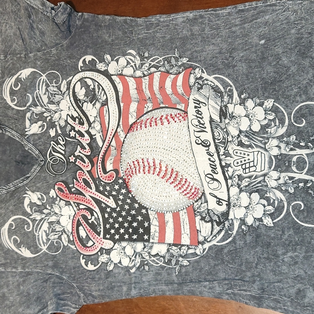 Front & Back Blinged American Baseball Vneck Distressed Wash Crystal Encrusted